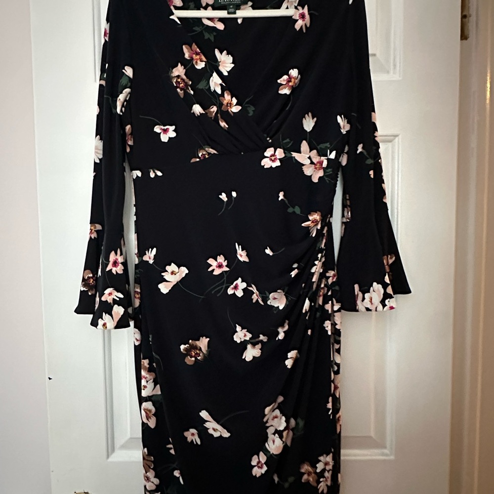Ralph Lauren Floral Stretch Dress with Bell Sleeves | Lighthouse Navy | Size 12 - Picture 5 of 7